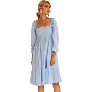 R.Vivimos Women's Summer Cotton Plaid Puff Sleeves Bow Casual Off-Shoulder Boho Midi Dress (Sky blue)
