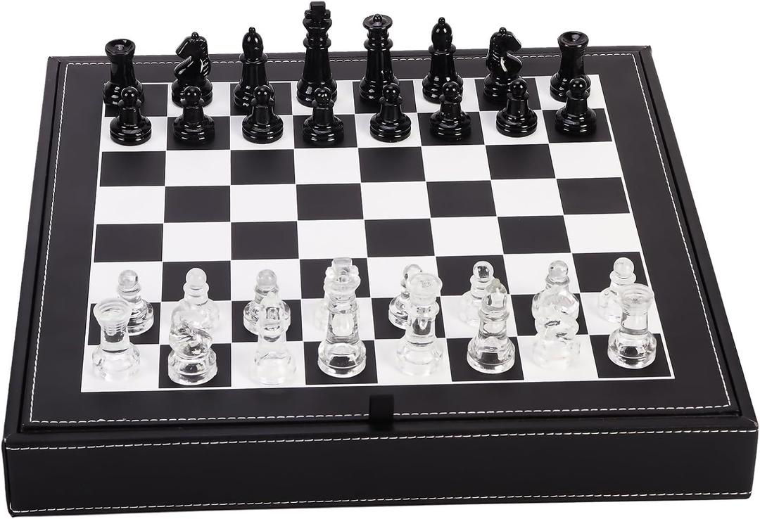 Glass Chess Set Game, 2 Extra Queens, with 13.2" Leather Storage Box and Chessboard,Board Game for Kids and Adults