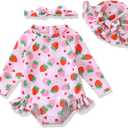 Baby Girl Swimsuit Long Sleeve One-Piece Swimwear with Hat Rash Guard Ruffle Floral Zipper Beach Infant Bathing Suit (Pink), Size 3-6M