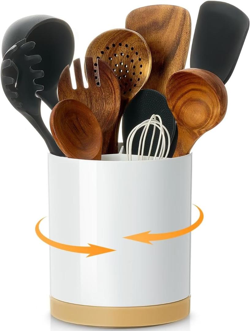 Kitchen Cooking Utensil Holder, 360° Rotating Large Utensil Crock, 6.3" Unbreakable for Countertop, for Farmhouse Kitchen Decor with Rotatable and Detachable Base (Melamine)