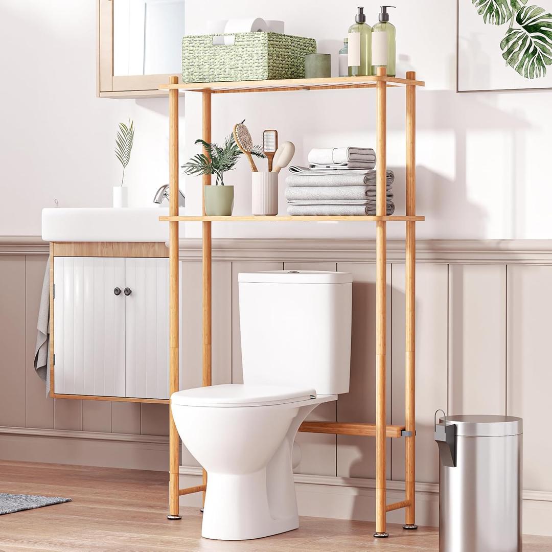 AmazerBath Bamboo Over The Toilet Storage Shelf, 2-Tier Over Toilet Organizer Rack, Freestanding Above Toilet Shelf for Bathroom, Laundry, Space Saver, Natural Color