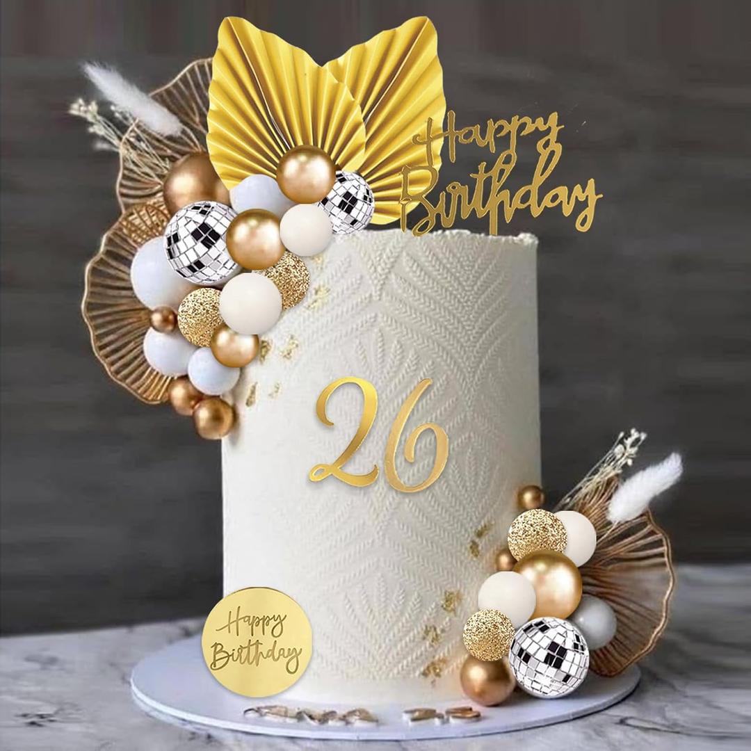 36Pcs White Gold Balls Cake Topper Decorations with Disco Balls Palm Ginkgo Leaves Acrylic Numbers 0-9 and Happy Birthday Cake Toppers for White Gold Theme Wedding Baby Shower Birthday Party Supplies
