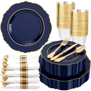 Liacere 350PCS Navy Blue Plastic Plates-Disposable Blue Gold Plates 50guest Plastic Dinnerware include 100Plates,50Pack Pre Rolled Napkins with Silverware 50Cups for Graduation & Memorial Day