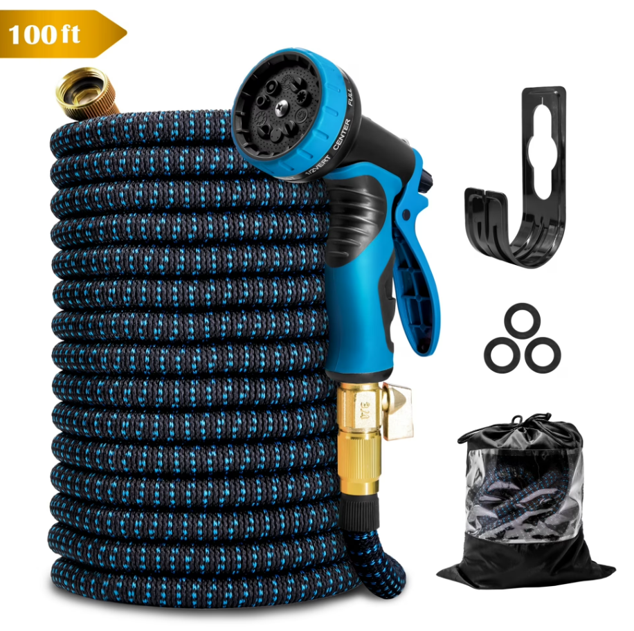 Kotto 100 ft Flexible Garden Hose, Water Hose for Outside with 10 Spray Nozzles, Brass Connector, Leak-Proof, Blue