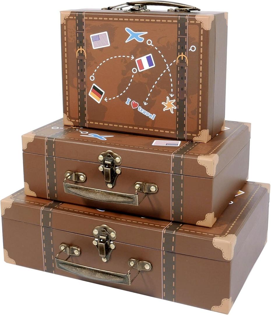 SLPR Brown Small Suitcase Boxes (Set of 3) | Paperboard Travel Style Decorative Storage for Birthday Wedding Decoration | Largest Suitcase is 12'' Length x 8'' Width x 3.5'' Height (Travel)