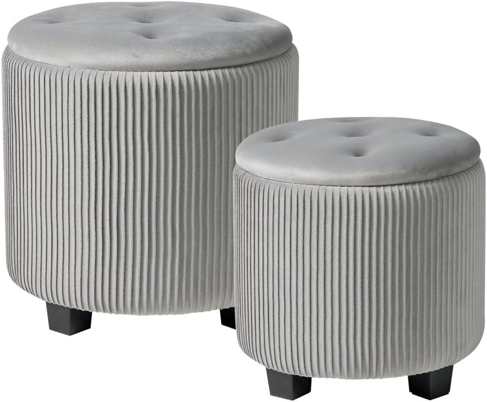 BLEXA Tufted Ottoman Set of 2 Large Round Velvet Storage Ottoman Gra
