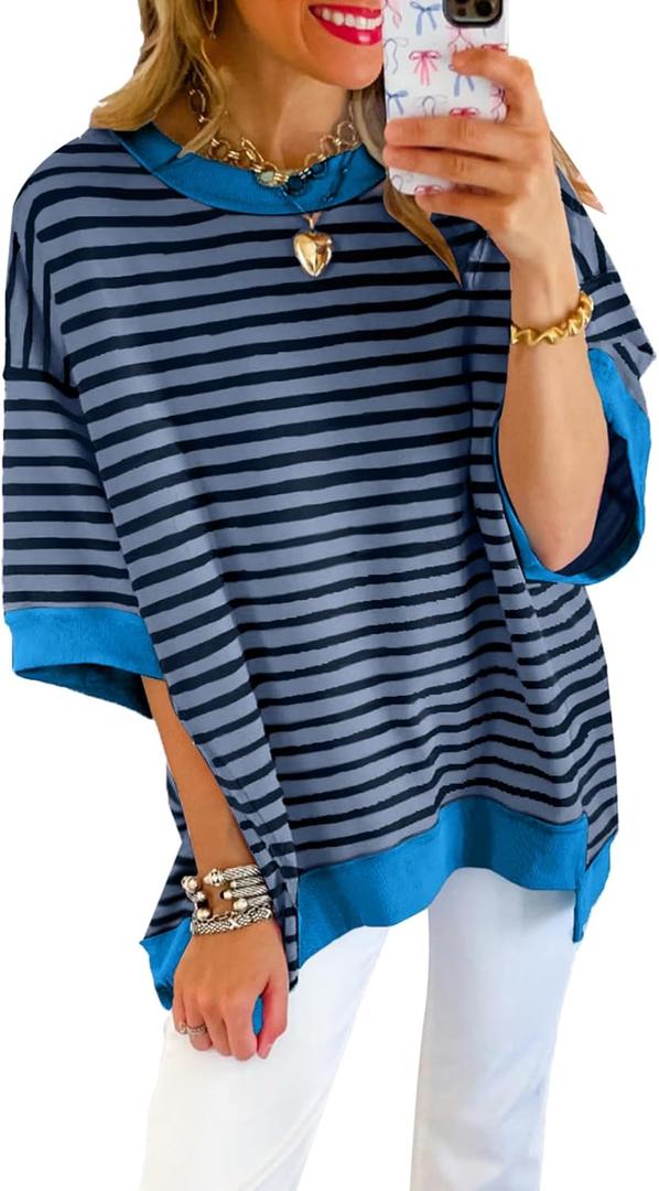 SHEWIN Womens Tops Casual Short Sleeve Sweatshirt Crewneck Striped Shirt Pullover T Shirts Loose Blouses (Small, Sail Blue Stripe)