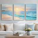Framed Coastal Beach Wall Art for Living Room, Large 3 Piece Blue Ocean Canvas Artwork for Walls, Modern Beachy Sunrise Painting Prints for Dining Room Home Office Wall Decor, 24x36 Inch