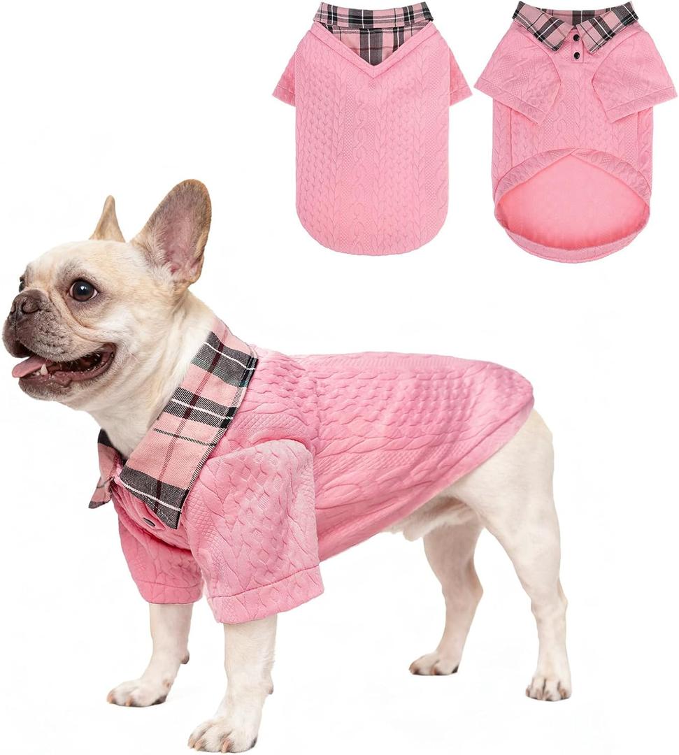 SCENEREAL Dog Sweaters for Small Medium Dogs, Pet Hoodie Sweatshirts Winter Knitted Pullovers with Fashion Shirt Collar, Puppy Clothes Cold Weather Coats, Pink Medium