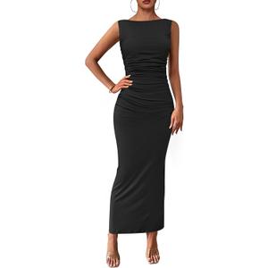 PRETTYGARDEN Women's 2026 Summer Semi Formal Midi Dresses Sleeveless Ruched Bodycon Long Elegant Cocktail Wedding Guest Dress (Black, XXL)