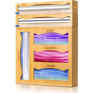 6-in-1 Magnetic Bamboo Drawer Organizer for Food Bags and Wraps Adjustable Compartment Storage with Dispenser and Cutter Fits Gallon Quart Sandwich and Snack Sizes
