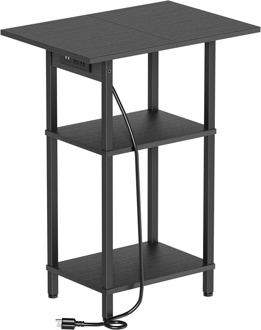 Tall End Table with Charging Station, Skinny Nightstand with USB Ports and Outlets, 3 Tier Narrow Side Table with Storage for Bedroom, Living Room, Office, Black