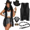 GERVAISE Womens Western Cowgirl Costume 70s Hippie Tassels Fringe Vest outfit Hat 5pcs (X-Large, Black)