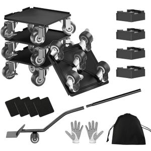 Kavlium Heavy Duty Furniture Dolly Set with 5 Wheels, Furniture Movers with Lifter Tool, Carbon Steel Moving Sliders for Sofa Refrigerator Cabinet, 360 Rotating Casters, Black, 5.3 Inch