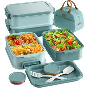 Adults Bento Lunch Box Set with Thermo Bag, 74oz Stackable Leak-proof 3-tiers Bento Box, Built-in Utensil and Sauce Container for Work, School, Dining Out (Green)
