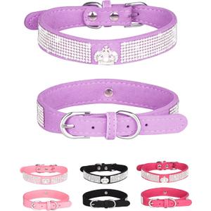 Bling Dog Collar for Small Medium Large Dogs, Crown Rhinestone Dog Collars for Girl and boy Dog, Diamond Puppy Collars, Adjustable Leather Suede SOFE Cat Collar (L(15"-18.1"/38CM-46CM), Purple)