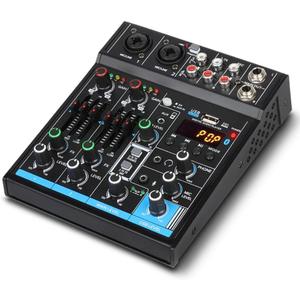 Depusheng M4 Portable Mini Mixer 4-Channel Audio Mixer DJ Console with Sound Card, Bluetooth Function, USB, 48V Phantom Power for PC Recording Webcast Party