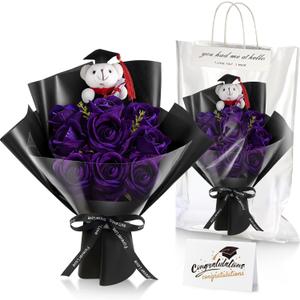 Giegxin 3 Pcs Graduation Bear Flower Bouquet Set Includes Artificial Roses Flower Bouquet Mini Plush Bear with Grad Cap Greeting Card Gift Bag for 2025 Graduation Party Favors Supplies(Purple)