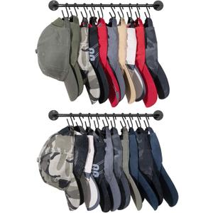 Mkono Hat Rack for Wall Baseball Cap Organizer Hanger with 20 Hooks Modern Metal Hat Holder Wall-Mounted Caps Display for Closet Door Bedroom Entryroom Laundry, Set of 2 Black (Small)