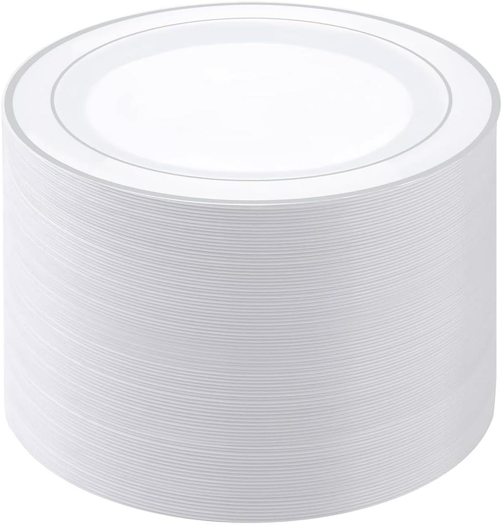 PULOTE 100PCS Silver Plastic Plates - 10 Inch Heavy Duty White with Silver Trim Plastic Dinner Plates Disposable for Dinenr, Party, Wedding & Christmas