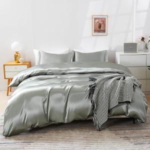HOdo Home Satin Duvet Cover King Size, 3 Piece Silk Like Comforter Cover, Ultra Soft and Breathable Bedding Set with Zipper Closure & Corner TiesGrey