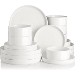 Sweejar Porcelain Dinnerware Sets for 6, 18 Pieces Ceramic Plates and Bowls Set, Classic Modern Simple Kitchen Dinner Dining Ware Set, Dishwasher and Microwave Safe Dishes Sets(Pure White)