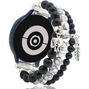 LuReen Beaded Bracelet Band Compatible with Galaxy Watch 7/6/5/4 40mm 44mm/Watch 6 Classic 43mm 47mm/Watch 5 Pro 45mm/Watch 4 Classic/Active 2 Band, 20mm Elastic Stretchy Strap Wristband for Women (Black/White B)