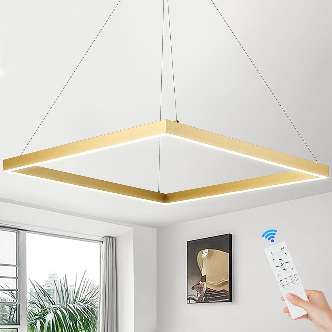 Modern LED Pendant Light, Gold LED Chandelier 24" Rectangle Chandelier for Dining Room Dimmable Modern Chandelier Flush Mount Pendant Light for Living Room Kitchen Office, 3000-6500K
