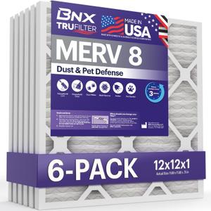 BNX TruFilter 12x12x1 Air Filter MERV 8 (6-Pack) - MADE IN USA  Dust & Pet Defense Pleated Air Conditioner HVAC AC Furnace Filters for Dust, Pet, Mold, Pollen MPR 600  700 & FPR 5
