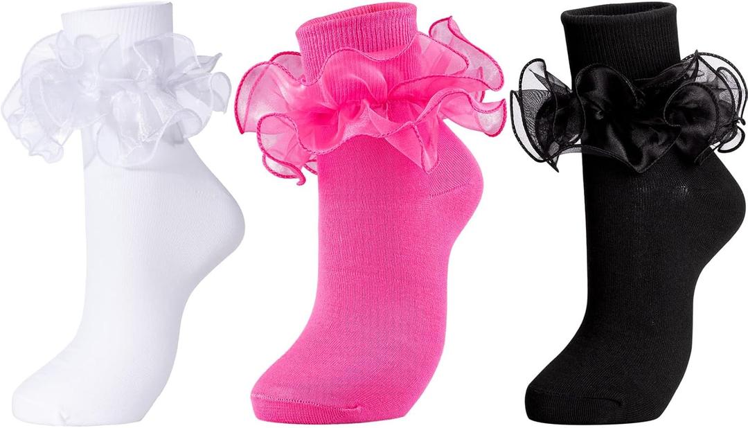 Dicry Women Big Ruffle Socks Double Lace Turn Cuff (Size 9-11, 3 Pairs) (White Black Hop_pink) (Size 9-11, 3 Pairs)