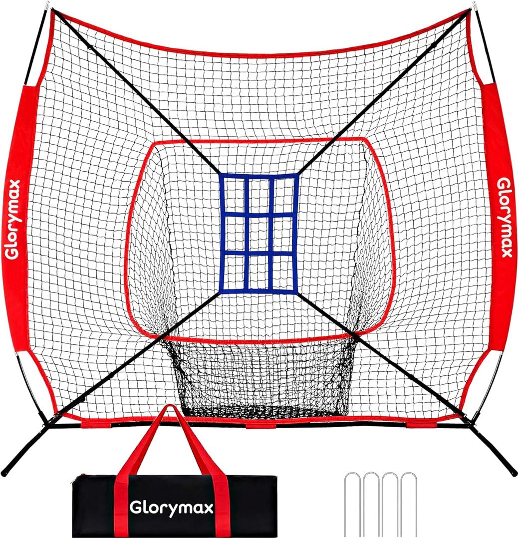 Baseball Practice Net with 9-Hole Strike Zone Target, 7x7 Ft, Bow Frame Design for Batting, Pitching and Throwing Training,Portable with Carry Bag for All Levels