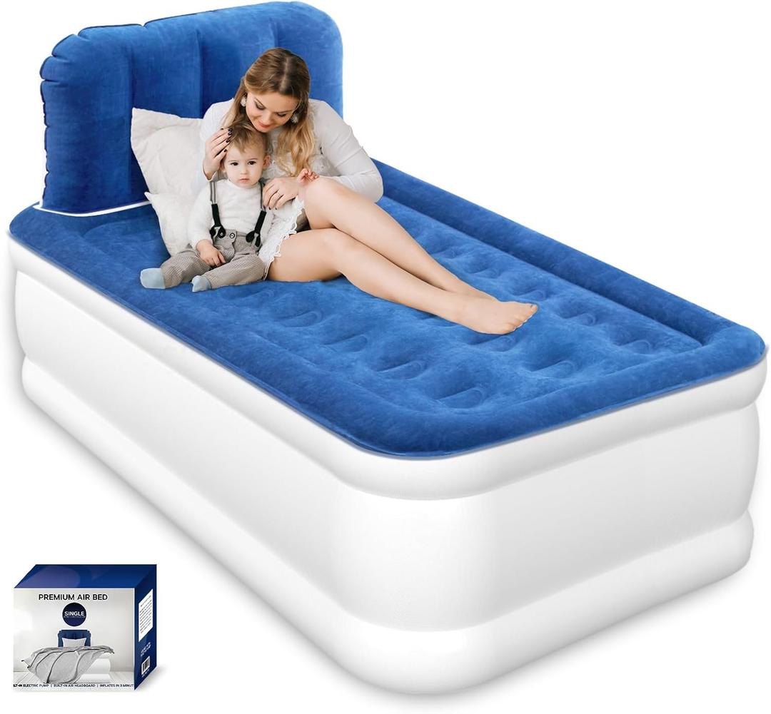 Twin Air Mattress with Headboard, Built-in Pump, 19" Raised Comfort, 48-Hour Leak-Tested Durable PVC, Quiet Design, 2.5 Min Quick Inflation & Headboard, Blow Up Bed for Home and Guests , 600 lbs Max (Blue)