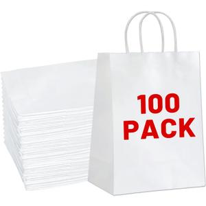 Gift Bags 8.25"x5.9 "x3.15" 100Pcs White Kraft Paper Bag with Handles for Small Business Christmas Bulk, Wedding, Party Favor, Shopping, Lunch, Halloween Trick-or-Treat Bags