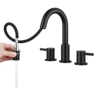 FGKQ Black Bathroom Faucet 3 Hole with Pull Down Sprayer 2 Modes, Pull Down Bathroom Sink Faucet with Pop Up Drain, 8 Inch Widespread Bathroom Faucet