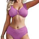 High Waisted Bikini Sets for Women Ribbed Two Piece Swimsuit High Cut Tummy Control Bottoms Cheeky V-Wired Push Up Top, S