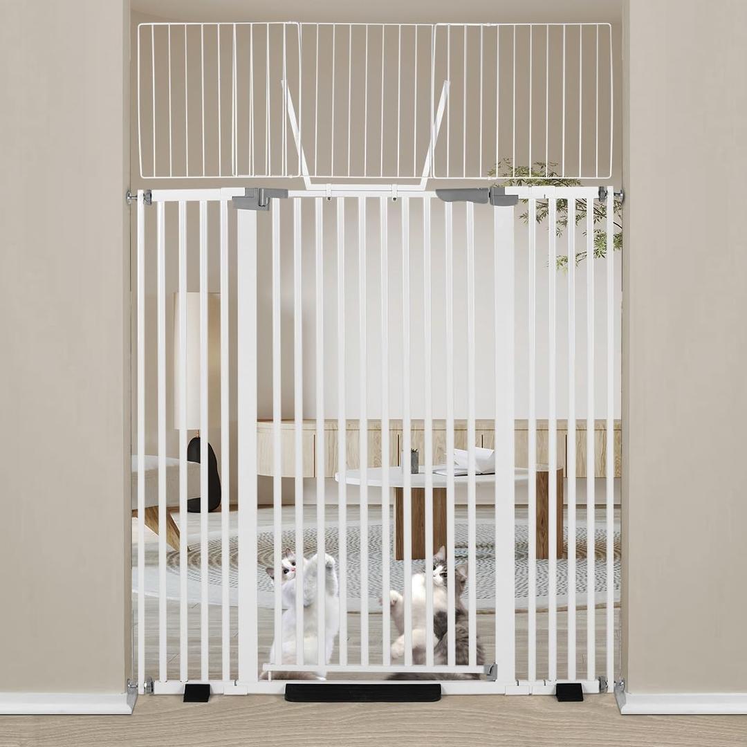 68" Extra Tall Cat Gate, Fits 30.5"-47.5" Wide Opening with 2.75" and 5.5" and 8.25" Extension Kits, Extra Narrow Gap, No Drilling Pressure Mount Auto Close Safety Gate, White