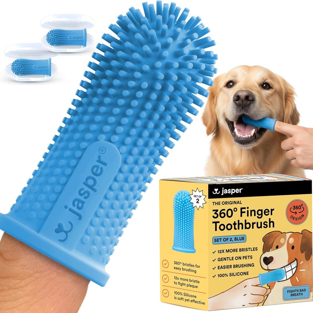 Jasper Dog Toothbrush, 360 Dog Tooth Brushing Kit, Finger Toothbrush, Cat Tooth Brush, Teeth Cleaning, Pet Tooth Brush for Small & Large Pets, Pet Toothpaste Not Included, 2-Pack Blue