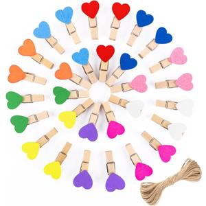 jijAcraft Clothespins with String - 50Pcs Mini Wooden Clothes Pins with Heart, 10Colors Heart Clips, 1.4Inch Small Photo Craft Clip for Baby Shower, Wedding, Birthday