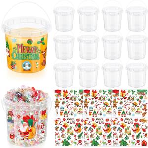 12 Pcs 34 oz Christmas Plastic Buckets with 150 Xmas Stickers Christmas Cookie Storage Bucket with Lid and Handle Christmas Drink Buckets Candy Food Containers for Xmas Holiday Party Supplies