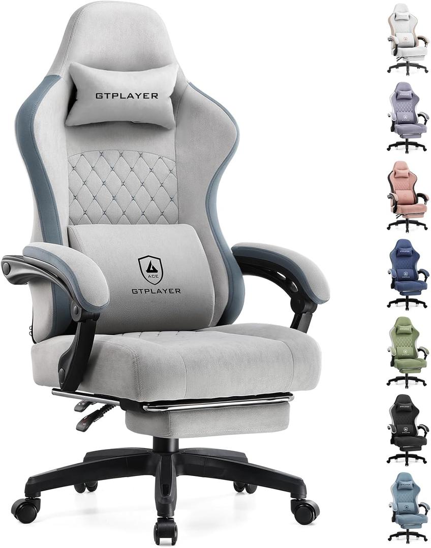 GTPLAYER Gaming Chair, Computer Chair with Pocket Spring Cushion, Linkage Armrests and Footrest, High Back Ergonomic Computer Chair with Lumbar Support Task Chair with Footrest (Grey) (Silver Gray)