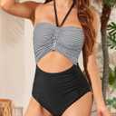 Smismivo Strapless Tummy Control Swimsuit for Women Bandeau or Halter Cutout One Piece Bathing Suits Color Block Sexy 2025 (M)