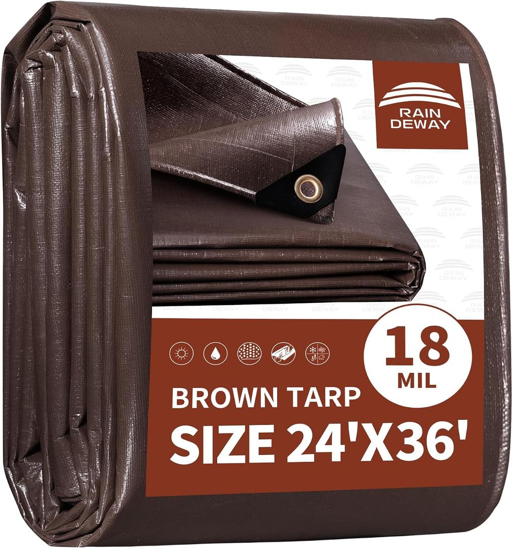 RAINDEWAY Tarp 24x36ft Brown Tarps Heavy Duty Waterproof 18Mil Extra Thick, 24x36 Feet-Finished size