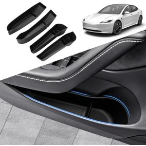 Karltys Car Organization, 4 Pcs Door Side Storage Box Waterproof, Interior Protection Door Side Pocket Organizer Tray for Tesla Model 3 Highland Accessories 2024 2025 2026 Front Rear Slot Pockets