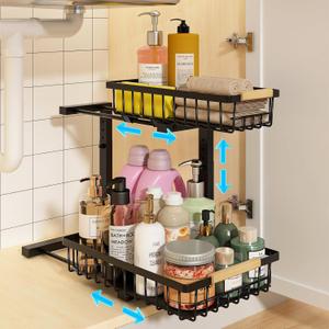 REALINN Under Sink Organizer, Height Adjustable Under Sink Organizers and Storage, 2 Tier Pull Out Drawer Cabinet Storage for Kitchen Bathroom, 1 Pack (Black)