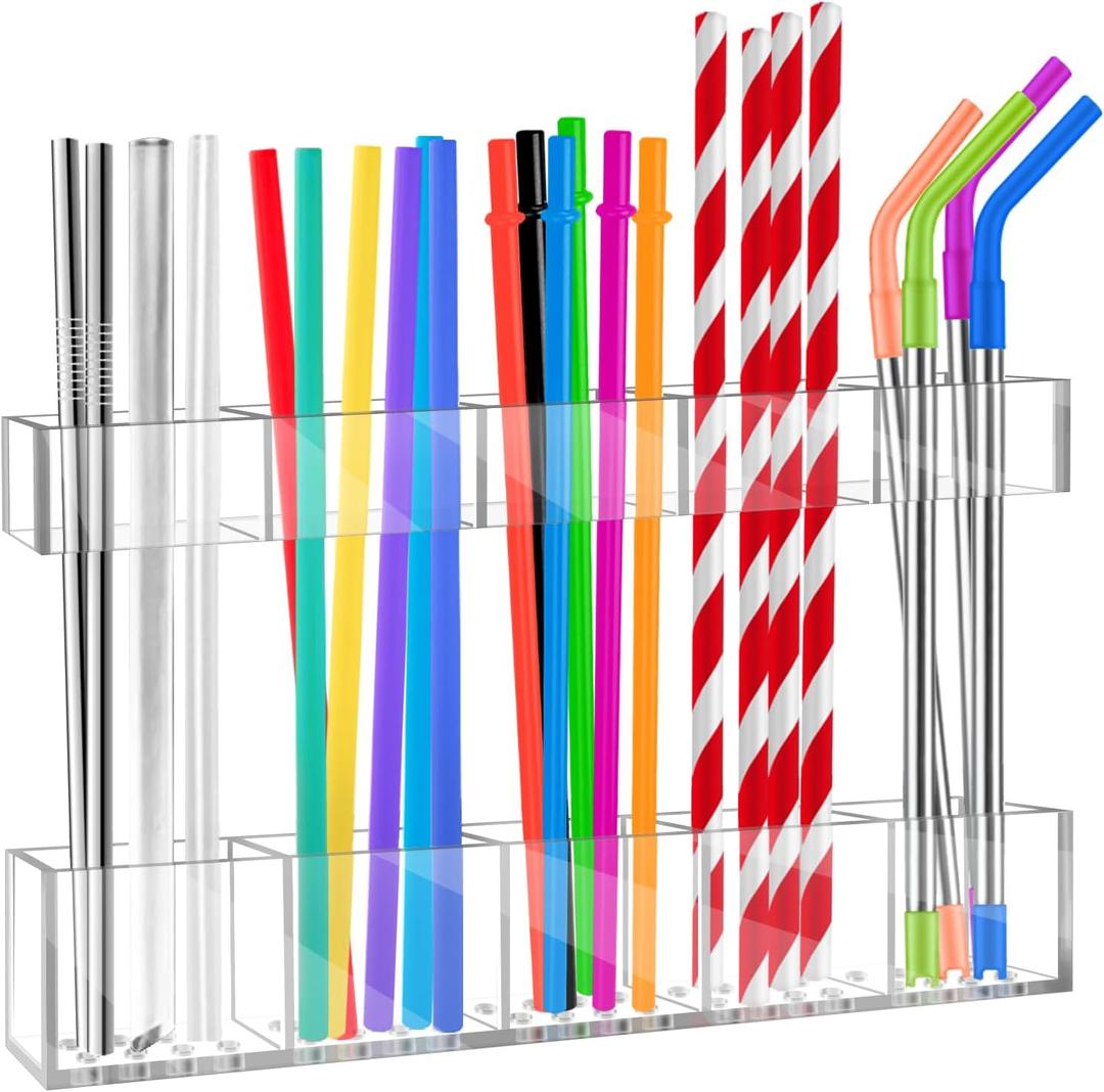 9.5 Acrylic Straw Holder for Cabinet Door with Ultra Sticky Circular Adhesive, Small Kitchen Accessories Container, Reusable Straw Organizer Storage for Cupboard | COMBATCH