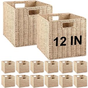 Vesici 12 Pcs Wicker Baskets for Organizing Wicker Storage Cube Storage Beige 12 Inch Foldable Woven Basket with Handles for Organizer Shelves Bathroom Bedroom Laundry Pantry Living Room