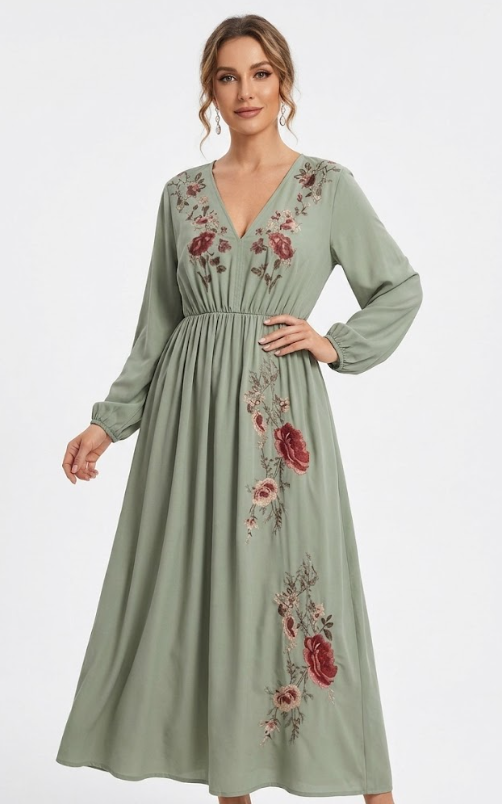 Olive Green Boho chiffon dress w/ floral accents, Green, Small