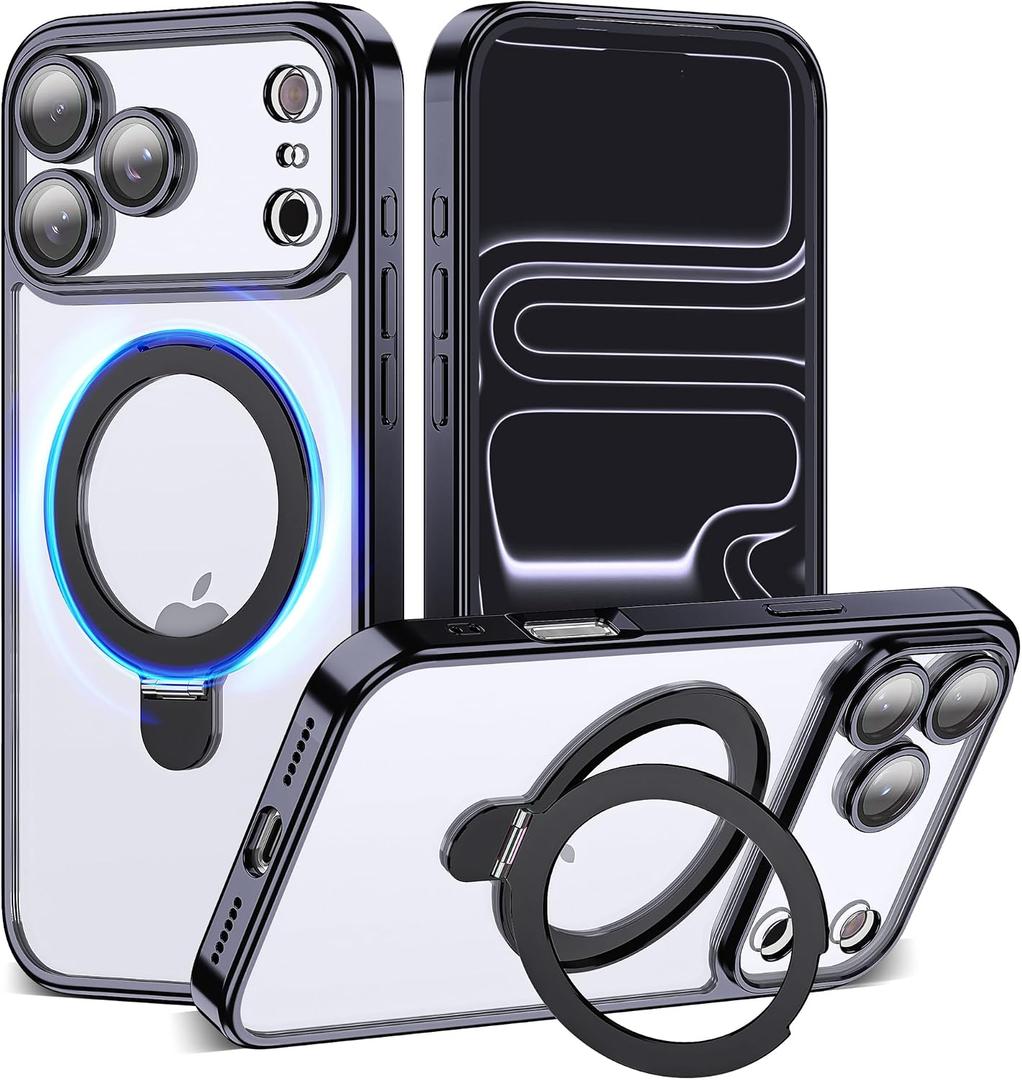 Compatible with iPhone 17 Pro Max Case with Magnetic Stand [Camera Len Protectors][Compatible with Mag-Safe] Clear Plating Phone Case for iPhone 17 Pro Max 6.9",Black