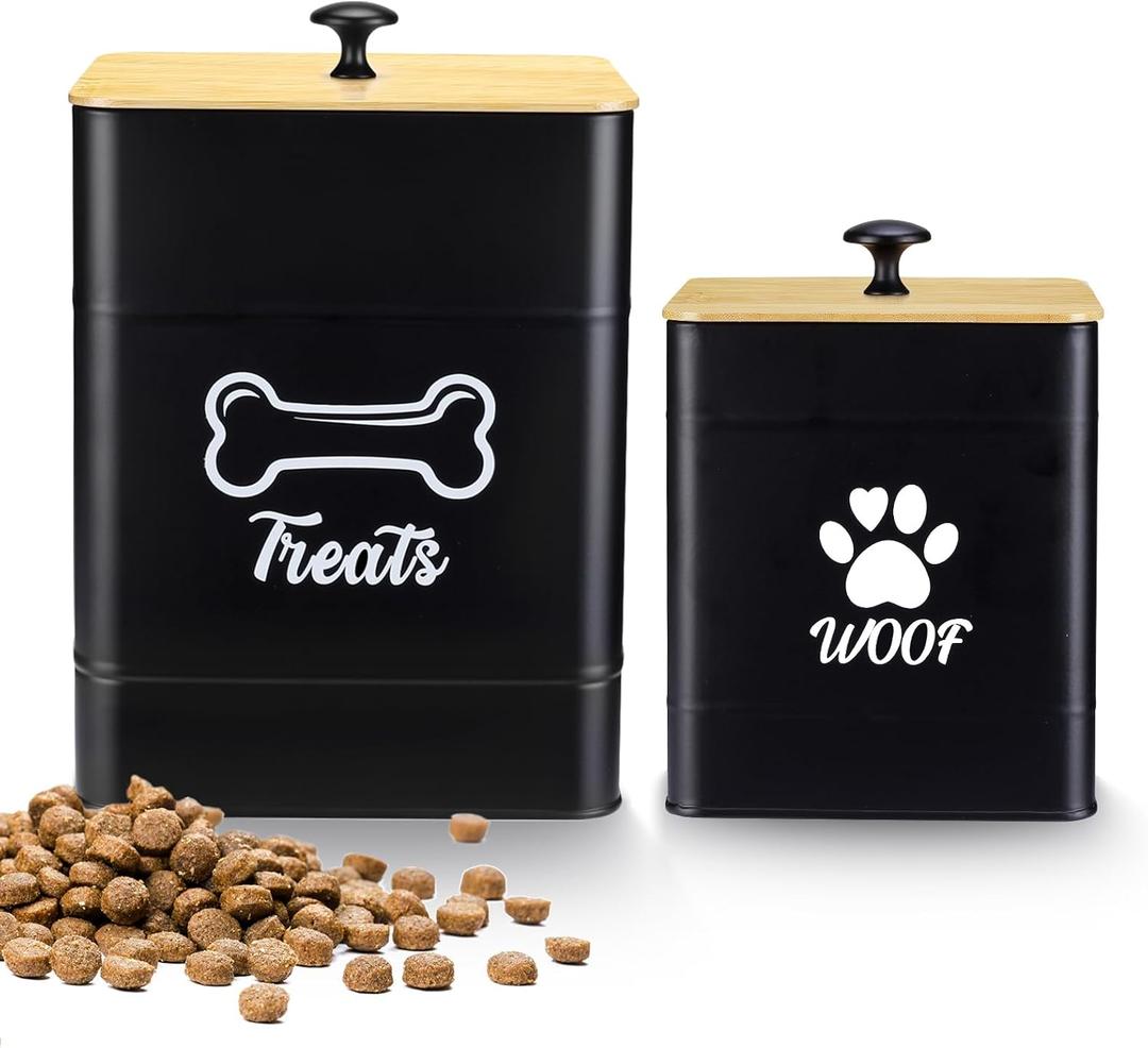 Dualshine Dog Treat Container Airtight Set of 2, Dog Treat Jars for Kitchen Countertop with Bamboo Lids, 30 Cups Capacity Metal Pet Food Storage Containers, 9x6.2 & 6.5x5.5(Black)