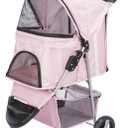 Trixie Foldable Pet Stroller for Cats and Dogs, Pet Carrier Strolling Cart with Weather Cover, Storage Basket, Cup Holder, Pink